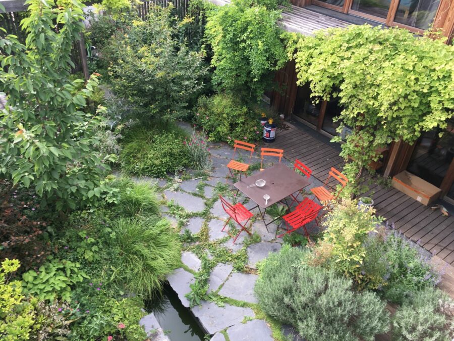 jardin à Romainville avec dalles d'ardoises au sol, massifs variés naturels, akébias sur la pergola de la maison passive